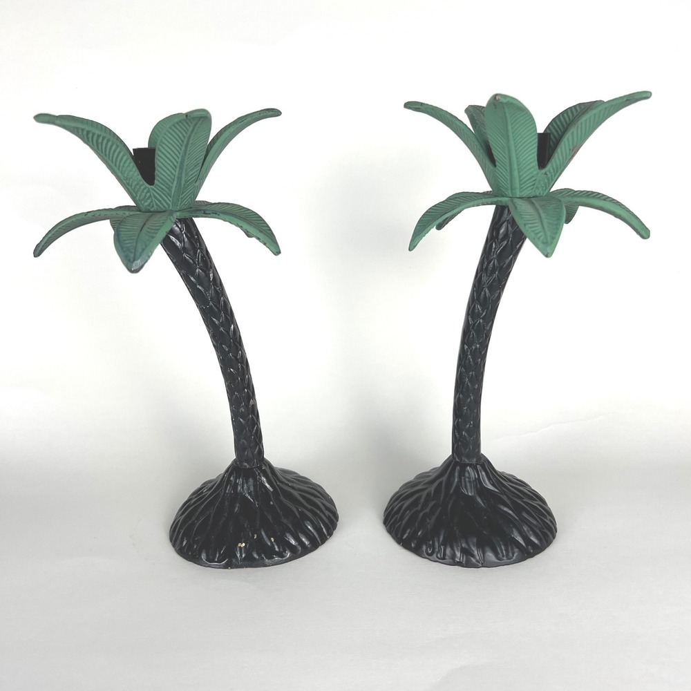 Set of 2 Tropical Palm‎ Tree Candle Holders Black Green Metal Tabletop Decor